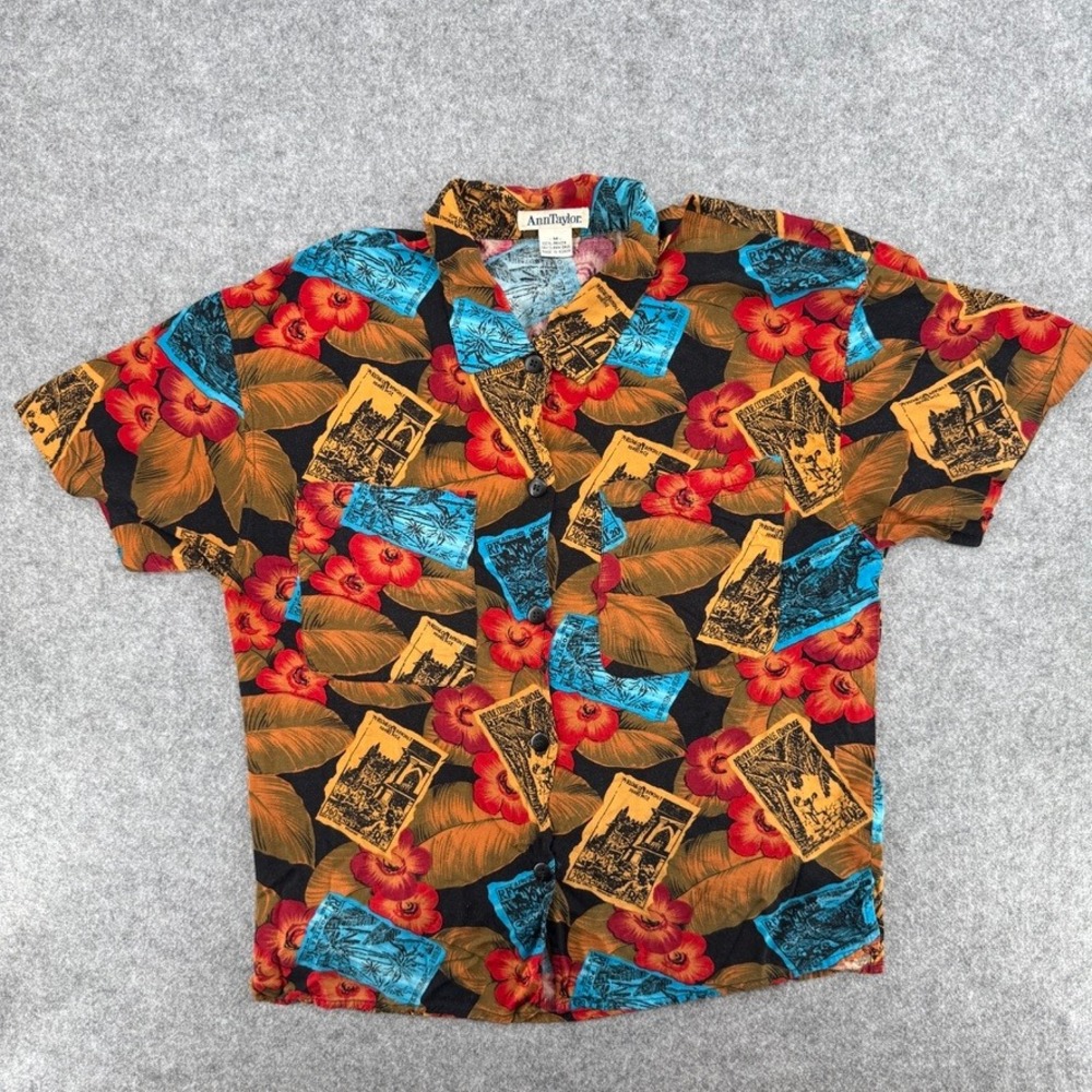 Vintage Ann Taylor Top Womens Medium Vintage Tropical Postage Stamp Multicolor